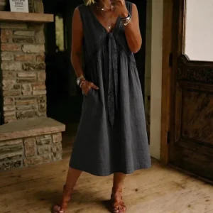 Custom clothing women’s linen dress casual sleeveless V neck lace summer hollow linen mid length dress