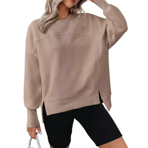 Custom logo Solid Women’s Crewneck Loose Fit Oversized Breathable Spring Pullover Sweatshirts with Side Splits Ropa De Mujer
