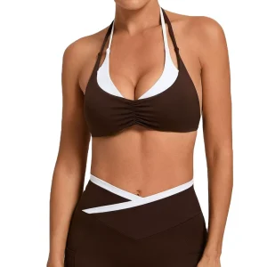 Custom logo Women’s Color Block Fitted Two Tone Sports Tank Top Quick Dry Halter Neck Beautiful Back Sports Bra Gym Fitness