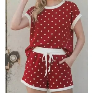Custom logo Women’s Crew Neck Polka Dot Short Sleeves T shirt Pullover Shorts Two Piece Set Manufacturer