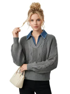 Custom made Women’s Two piece Cable Knit Sweater V neck Regular Sleeve Pullover Casual Breathable Gray Knit Top Retro Front