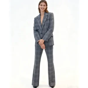 Customizable Formal Waist Cinched Women’s 2 Piece Long Plaid Worsted Blazer Suit with Skinny Fit Eco Friendly and Breathable