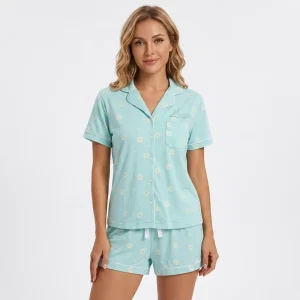 Customizable ODM Casual Soft Machine Embroidery Printed Knitted Women’s Pajama Set V-neck Floral Pattern Comfortable Sleepwear