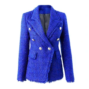 Customizable Slim Fit Blingbling Tweed Navy Blue Women’s Blazer Double Breasted Button New Arrival Ready Ship