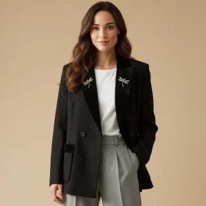 Customizable Women’s Blazer Solid Anti-Wrinkle Woven Button Double Breasted Embroidery Business Blazer