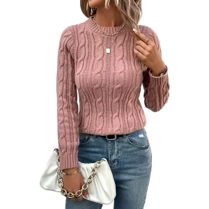 Customizable Women’s Casual Long Sleeve Sweater, Comfortable Slim Fit Knitwear for Autumn Winter, Solid Color Front Breathable