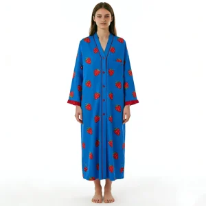 Customizable Women’s Cotton Nightgown Strawberry Print Long Sleeve Sleepwear Comfortable Button Down Loungewear