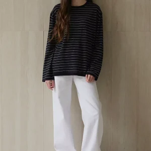 Customizable Women’s Cozy striped oversized long sleeve t-shirt round neck Striped long sleeve Sweatshirt