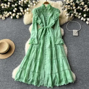 Customizable Women’s Long Sleeve Maxi Dress Vintage Flare Ruffle Button Ruffle Cotton Linen with Natural Waistline Washable