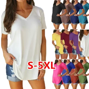 Customization Solid Color Plus Size Loose Short Sleeve T shirt Women’s Top Casual V neck Irregular Short sleeved T shirt OEM