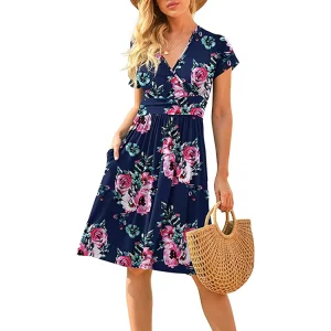 Customize Logo Elegant Summer Patterned Knee Length Pockets One Piece Women Dress