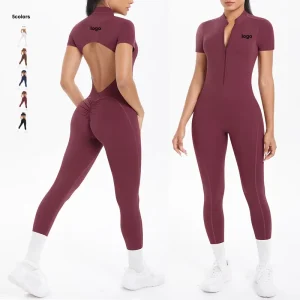 Customized Casual Jumpsuits Stand Collar Hollow Out Back Bodysuit High Compression Short Sleeve Half Zip up Yoga Clothing Romper