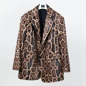Customized Classic Women’s Leopard Print Genuine Leather Suit Jacket for Winter Fall