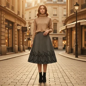 Customized Elegant Leaf Pattern Knit Midi Skirt Women’s High Waist A-Line Flared Skirt