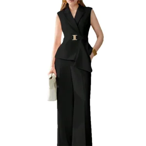 Customized Elegant Sleeveless Belt Turn Down Collar Women’s Suit Vest Wide Leg Pants Two Piece Suit for Office Casual Wear