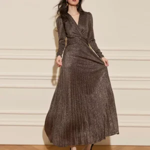 Customized Elegant V neck Long sleeved Formal Dress With Pleated Tight fitting Shiny Long length Women’s Dress