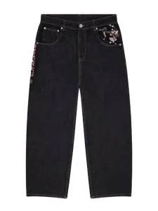 Customized European and American Retro Plum Blossom Embroidery Mid Waist Quick Drying Denim Casual Women’s Straight Leg Jeans