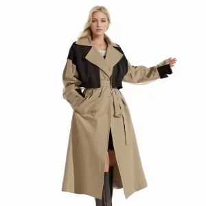 Customized Fashion Casual Khaki Belt Waist Windproof Piece Lace Decoration Splicing Design Women’s Trench Coat