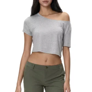 Customized Grey Crop Top T-Shirt Short Sleeve Slim Fit Ribbed Tee Streetwear Women Personalized Logo Print T-Shirts