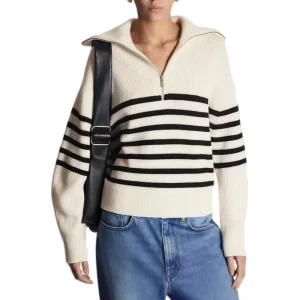 Customized Knitted Black and White Striped Navy Turn Down Collar Half Zipped Blended Knitwear Sweater Womens Solid Pullovers