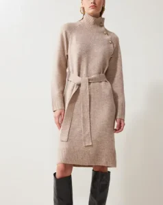 Customized Logo Women’s Knee-length Jumper Simple Knitted High-neck Casual Sweater Long Sleeve Fashion Classic Dress