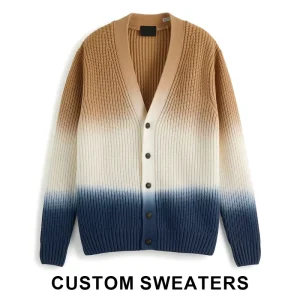 Customized Men’s Gradient Color Thick Knitted Cardigan Sweater 7GG Heavyweight Pullover Retro Animal Pattern Wool Blend Winter
