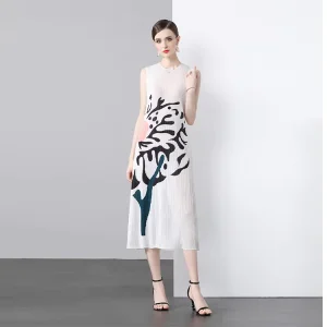 Customized Miyake Pleated Korean Women’s Chiffon Natural Bodycon Sleeveless Elegant Holiday Flower Printed Casual Loose Summer