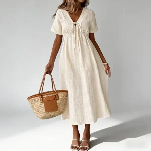 Customized Natural Linen Dress with Deep V neck Tie Front Short Sleeve Loose Fit Women’s Midi Dress