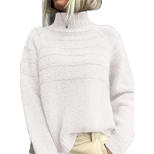 Customized OEM ODM Women’s 100% Cotton Knitted High Neck Collar Breathable Loose Long Sleeve Hoodie Winter Sweater