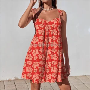 Customized OEM Women’s Dresses with Sling up Hawaiian Prints for Summer Women’s Mini Dresses