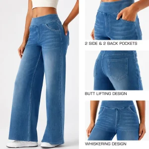 Customized Premium Stretch Faux Denim Casual Trousers Women’s High Rise Jeans Style 5 Pockets Loose Straight Wide Leg Jeans