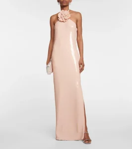 Customized Women Summer Evening Dress Sexy Sleeveless Halter Natural Waist Solid Foil Print Bodycon Silhouette Flowers