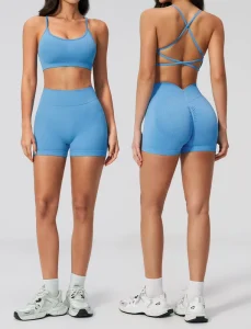 Customized Women’s 2 Piece Breathable Four Way Stretch Sports Bra Push Up Shorts Yoga Set Elastic Waist Plus Seamless Scrunch