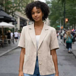 Customized Women’s Beige Linen Short Sleeve Blazer Two Button Notched Lapel Casual Summer Jacket of Women’s Clothing