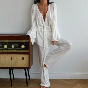 Customized Women’s Knitted White Cotton Pajamas Soft Long Sleeved Trousers Women’s Loungewear