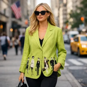 Customized Women’s Linen Cotton Blend Light Green Fashion Business Figure Embroidery Notched Lapel Single Breasted Blazer Jacket