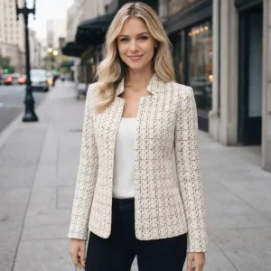 Customized Women’s Linen Tweed Blazer Cream White Small Fragrance StyleJacket Stand Collar Open Front Elegant Office Wear