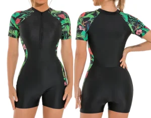 Customized Women’s One Piece Swimming Wear Front Zipper Floral XXL Waterproof Eco Friendly Short Sleeved Sunscreen Sports