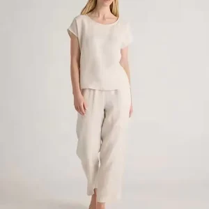 Customized Women’s Sleepwear Loungewear Sets 2 Piece Short Top and Pants Plus Size 100% Linen Pajama Set Women