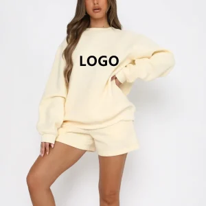 Customized Women’s Solid Loose Casual Neck Sweatshirt Shorts Set Spring Autumn Sport Sweatshirt Set