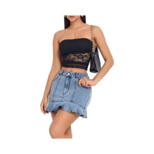 Customized Women’s Vintage Casual Summer Denim Cotton Spandex Skinny High Waist Pleated A-Line Skirt Ruffle Detail Washed