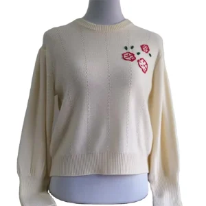 Customized Women’s Wool Sweater with Embroidery Lantern Sleeves Crew Neck for Winter & Autumn Plus Size Front Logo Casual Style