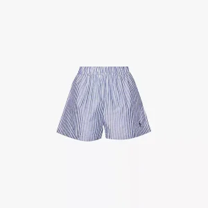 Customized Yarn Dyed Popline 60S Cotton Blue Loose Boxer Stripe Women Pajama Shorts Bottoms
