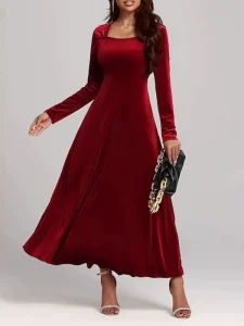 Customized for Teenagers Dates Dinners Winter Plus Size Casual Empire Waist A line Solid Breathable Midi ODM Square Collar Dress