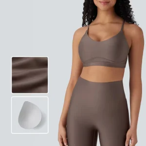 Cut Out Sheen Yoga Sports Bra 77% Polyester 23% Elastane Cross Back Yoga Top Workout High Support Gym Sports Bra