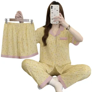 Cute And Casual Korean style Women’s Summer Short sleeve 3 piece Pajama Set Stylish Loungewear
