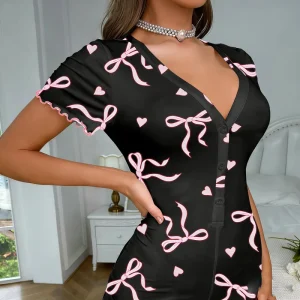 Cute Bow Print Women’s Sleepwear V Neck Sexy Bodysuit for Lounging at Home