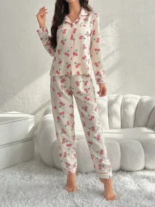Cute Cherry Print Women’s Pajama Set Soft Breathable Long Sleeve Sleepwear Loungewear