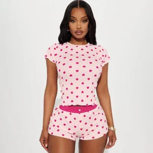 Cute New Arrival Women’s Sweet Heart Print Lettuce Trim Crew Neck Short Sleeve Pajama Set