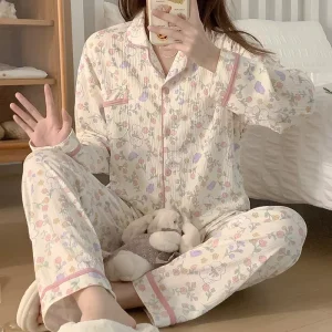 Cute New Design Women Pajamas Set Cotton Sleeping Nightgown Soft Sets Plain Long Women’s Sleepwear